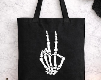 Skeleton Hand Tote, Spooky Halloween Carryall, Gothic Peace Sign, Punk Shopper, Witchy Gift, Horror Style, Dark Aesthetic, Creepy Fashion