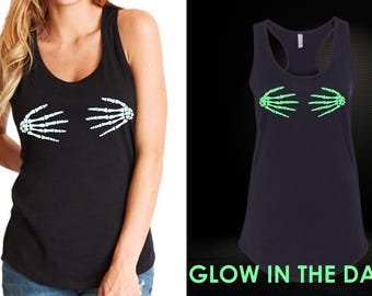 Womens Tank Top Racerback - Skeleton Hands Shirt - Easy Halloween Costume Tee - Glow In The Dark - Peace - Cool T-Shirt - Scary Present Gift