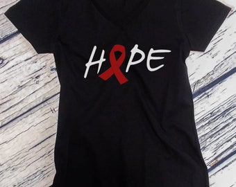 Womens V-neck - Hope T Shirt, AIDS HIV Awareness Month T-Shirt, Support, Red Ribbon Tee, Faith Hope Cure