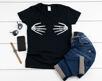 Womens V-neck Skeleton Hands Shirt, Halloween Costume Shirt, Bones Shirt, Skeleton Tee, Black Halloween Shirt, Skeleton Outfit