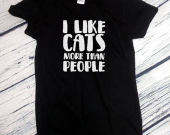 Womens I Like Cats More Than People T Shirt - Funny Cat Shirt, Meow Tee, Black Cat Shirt, Cute Cat Shirt, Funny Black Cat Tee, Funny Cat