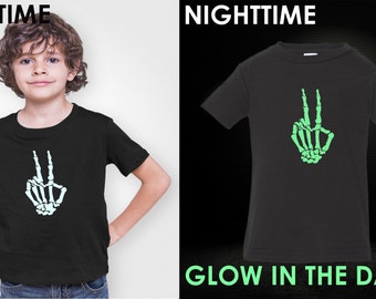 Glow in the Dark Skeleton Peace Shirt, Youth Toddler Halloween T Shirt, Kids Boys Girls Tee, Hand Love Graphic, Funny Glow Costume