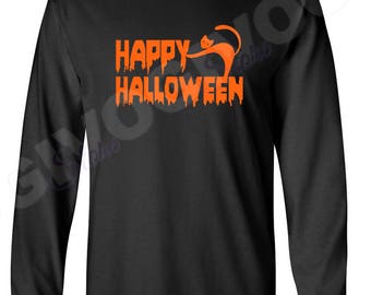 Happy Halloween #2 Shirt, Funny Scary Long Sleeve Tee, Black Mens Spooky Top, Costume Party, October Outfit, Fall Gift For Him, Cat Tee