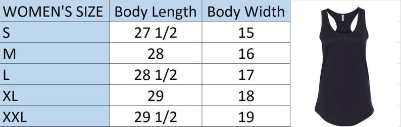May include: Black racerback tank top with a curved hem. The image includes a size chart with body length and width measurements in inches for sizes S to XXL. The tank top is shown on a white background.