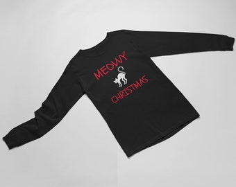 Mens Meowy Christmas Shirt, Funny Cat Holiday Top, Long Sleeve Tee, Xmas Gift For Him, Pet Lover Present, Winter Humor Apparel, Cozy Wear