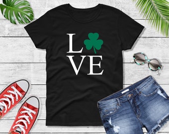 Womens - LOVE - Retro Shamrock Shirt, Womens Shenanigans Shirt, Cute St Patricks Day Tee, Lucky T-Shirt, Irish Shirt, Four Leaf Clover