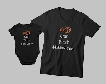 Mens V Neck Our First Halloween Matching Set, Baby Bodysuit Onesie, Father Daughter Son, First Halloween Gift, Toddler Fall Outfit