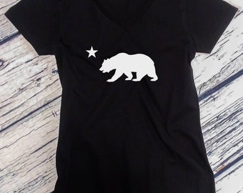 Ladies V-neck - California Republic Shirt - Flag Bear And Star Tee - CALI Bear T-Shirt - California Flag Bear Logo