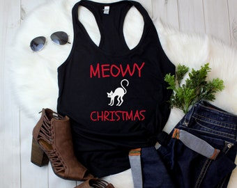Meowy Christmas Tank Top, Womens Racerback Shirt, Funny Cat Lover Shirt, Cute Holiday Tee, Christmas Party Outfit, Cat Mom Gift, Xmas Tank