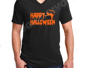 Happy Halloween #2 Mens V Neck Shirt, Scary Funny Tee, Spooky Costume Shirt, Halloween Party Outfit, Black V Neck, Fall Gift Idea