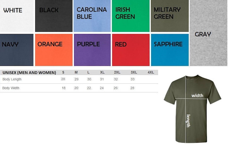 K&ouml;nnte beinhalten: Eine Farbkarte mit den Optionen Wei&szlig;, Schwarz, Carolina-Blau, Irisch-Gr&uuml;n, Milit&auml;rgr&uuml;n, Grau, Marineblau, Orange, Lila, Rot und Saphir. Eine Gr&ouml;&szlig;entabelle zeigt K&ouml;rperl&auml;nge und -breite in Zoll f&uuml;r die Gr&ouml;&szlig;en S bis 4XL neben einem gr&uuml;nen T-Shirt.