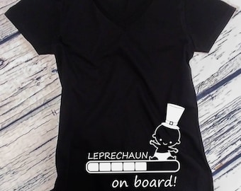 V-neck Leprechaun on Board Shirt, Pregnancy Announcement T-Shirt, Pregnancy Reveal, New Baby, New Mom Tee, Saint Patricks Day, St Paddys Day