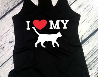 Womens Tank Top Racerback - I Love My Cat T Shirt, Funny Cat Shirt, Retro Coffee Shirt, Vintage Cat Shirt, Cat Owner Shirt, Funny Quote