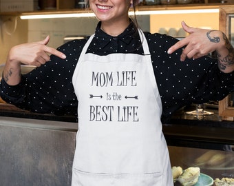 Mom Life is the Best Life Apron, Kitchen Apron with Three-section Pocket, Adjustable Neck Strap, Cooking Gift for Moms, Mothers Day Gift
