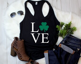 Love Shamrock Tank Top For Women, Retro St Patrick Day Shirt, Irish Lucky Clover Tee, Vintage Holiday Outfit, Womens Racerback Gift Idea