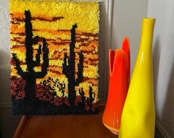 Vintage MCM 60-70’s Cactus Latch Hook Rug Tapestry, Handmade Wall Art, Desert Scene with Saguaro Cacti, Mid-Century Modern Fiber Art