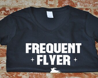 Ladies V-neck, Frequent Flyer Witch Shirt, Easy Halloween Costume, Funny Tee, Womens Cool Shirt, Halloween Gift, Black Cotton Vneck