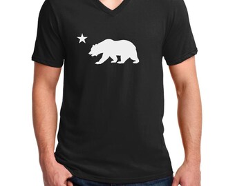 Men's V-neck - California Republic Shirt - Flag Bear And Star Tee - CALI Bear T-Shirt - California Flag Bear Logo