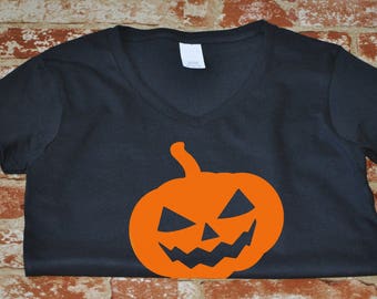 Pumpkin #2 Womens V Neck Shirt, Fall Graphic Tee, Autumn Halloween Shirt, Halloween Party Outfit, Black Cotton Shirt For Women, Spooky Fall