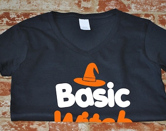 Basic Witch V Neck Tee, Pumpkin Spice Top, Womens Costume Hocus Pocus, Autumn Coffee Graphic, Fall Party Apparel, Spooky Cute Gift, Cozy