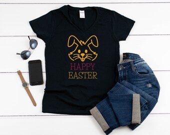 Womens V-neck - Happy Easter Shirt, Easter Bunny Tee, Spring T-Shirt for Women, Funny Holiday Top, Cute Bunny Graphic, Easter Celebration