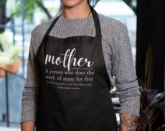 Apron - Mother Definition, Kitchen Apron with Three-section Pocket, Mommy, Mama, Mom, Cooking Gift for Mothers Day, Funny Humor Gifts