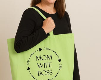 Mom Wife Boss Tote Bag, Heavy Cotton Canvas Shopping Tote, Everyday Carry Bag, Mom Life Gift, Wife Appreciation Gift, Strong Woman Bag
