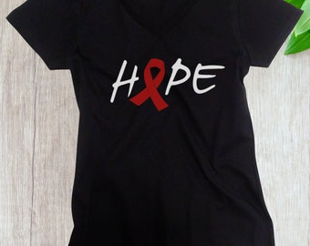 Womens V-neck - Hope T Shirt, AIDS HIV Awareness Month T-Shirt, Support, Red Ribbon Tee, Faith Hope Cure