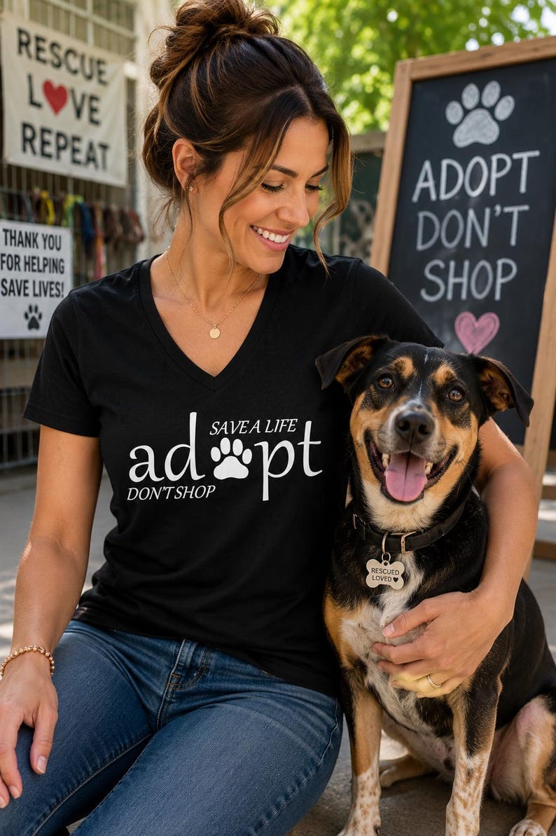 May include: A black V-neck t-shirt featuring white text that reads "adopt" with a paw print replacing the letter "o", "SAVE A LIFE" above, and "DON'T SHOP" below. The shirt is worn with blue jeans and a gold necklace.