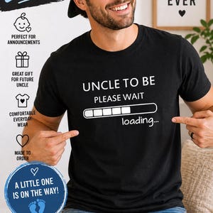 May include: Black t-shirt with the text "UNCLE TO BE PLEASE WAIT loading..." and a loading bar graphic. The shirt is worn by a smiling person. The image also includes text that says "Big News Loading!" and "Best Uncle Ever".