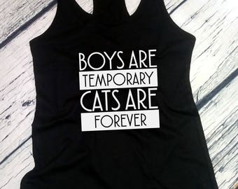 Womens Tank Top - Racerback - Boys Are Temporary Cats Are Forever T Shirt - Cute Cat Shirt, Funny Black Cat Tee, Funny Cat Shirt