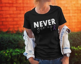 Womens - Never Give Up T Shirt, Epilepsy Awareness Shirt, Pancreatic Cancer, Cancer Survivor, Support, Cancer Sucks, Purple Ribbon