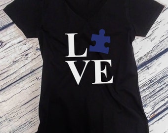 Ladies V-neck - Love Autism Shirt- Puzzle Piece T-Shirt - Autism Awareness T-Shirt - Autism Society Support Tee - Autistic Gift