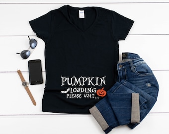 Womens V-Neck, Pumpkin Loading T-Shirt, Halloween Shirt, Jack O Lantern Tee, Baby Shower Gift, Baby Announcement, Baby Reveal Tee