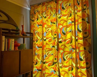 Pair of Vintage Groovy Abstract Window Curtains, 1970s Mid Century Modern, Retro Swirl Pattern
