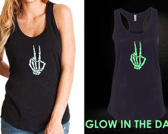 Womens Tank Top - Skeleton Hand T Shirt, Peace Shirt, GLOW in The Dark, Hippie Shirt, Love Shirt, World Peace, Peace T Shirt, Halloween