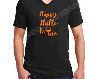 Happy Hallo Wine Mens V Neck Shirt, Halloween Wine Lovers Tee, Hallowine Shirt, Black V Neck, Funny Fall Party Tee, Gift Idea