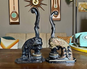 Pair of Antique Vintage Cast Iron Lion Head Seal Embosser Press Stamps, 11" & 10" Tall, Heavy Duty, Functional Collectible, Unique Decor