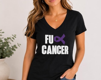 FU Cancer V Neck Shirt, Purple Ribbon Tee, Survivor Gift, Fighter Support Apparel