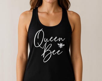 Queen Bee Tank Top, Womens Nature Lover Shirt, Cute Bee Graphic Tee, Curved Hem Racerback, Summer Outfit Top, Honey Bee Gift, Christmas Top