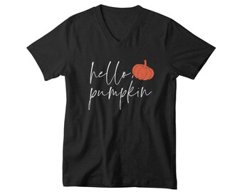 Mens V Neck Hello Pumpkin T Shirt, Halloween Shirt, Thanksgiving Tee, Fall Pumpkin Shirt, Pumpkin Spice Fall T Shirt, Thankful Autumn Tee