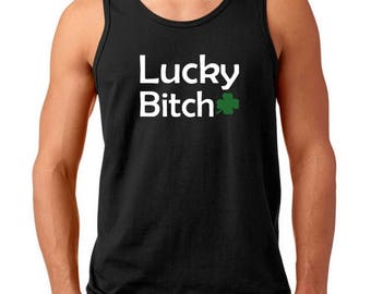 Lucky Bitch Mens Tank Top, St Patricks Day Party Wear, Funny Irish Shamrock Apparel, Sassy Drinking Outfit, Pub Crawl Style, Adult Humor