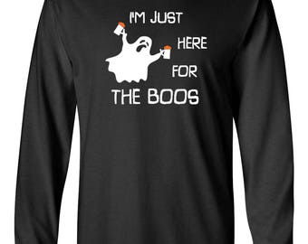 Mens Long Sleeve Tee, Im Just Here For The Boos, Beer Pun Funny Costume, Halloween Outfit, Classic Cotton, Ghost Bar Crawl Apparel, Crewneck