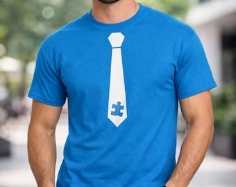 Autism Dad Shirt, Fake Tie Tee, Puzzle Piece Design, Proud Father Gift, Autism Awareness Apparel, Support Acceptance, Crewneck T-Shirt