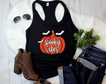 Tank Top - Get in the Halloween Spirit with this Spooky Vibes Pumpkin Shirt: Ideal Halloween Gift - Racerback