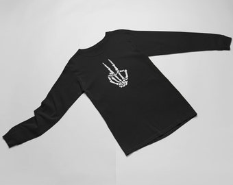 Skeleton Hand Shirt, Peace Sign Long Sleeve, Halloween Top, Hippie Love Shirt, Black Fall Tee, World Peace Shirt, Skeleton Hand Tee
