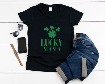 Womens V-neck - Lucky Mama #2 T Shirt, Saint Patrick's Day Shirt, Green Clover, Irish Shamrock, St. Patricks Day Shirt, St Paddy Shirt