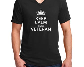 Men's V-neck Keep Calm I'm A Veteran T Shirt Soldier US United States Tee Military Army