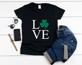 Womens V-neck - LOVE Retro Shamrock Shirt, Womens Shenanigans Shirt, Cute St Patricks Day Tee, Lucky T-Shirt, Irish Shirt, Four Leaf Clover