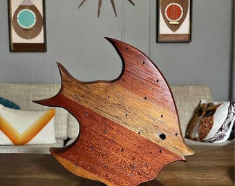 Vintage 60s Wooden Fish Toothpick Holder, Mid-Century Modern Sculpture, 10" Tall